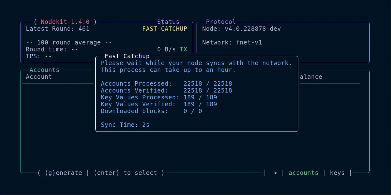 Screenshot of second phase of "nodekit bootstrap" process - fast-catchup